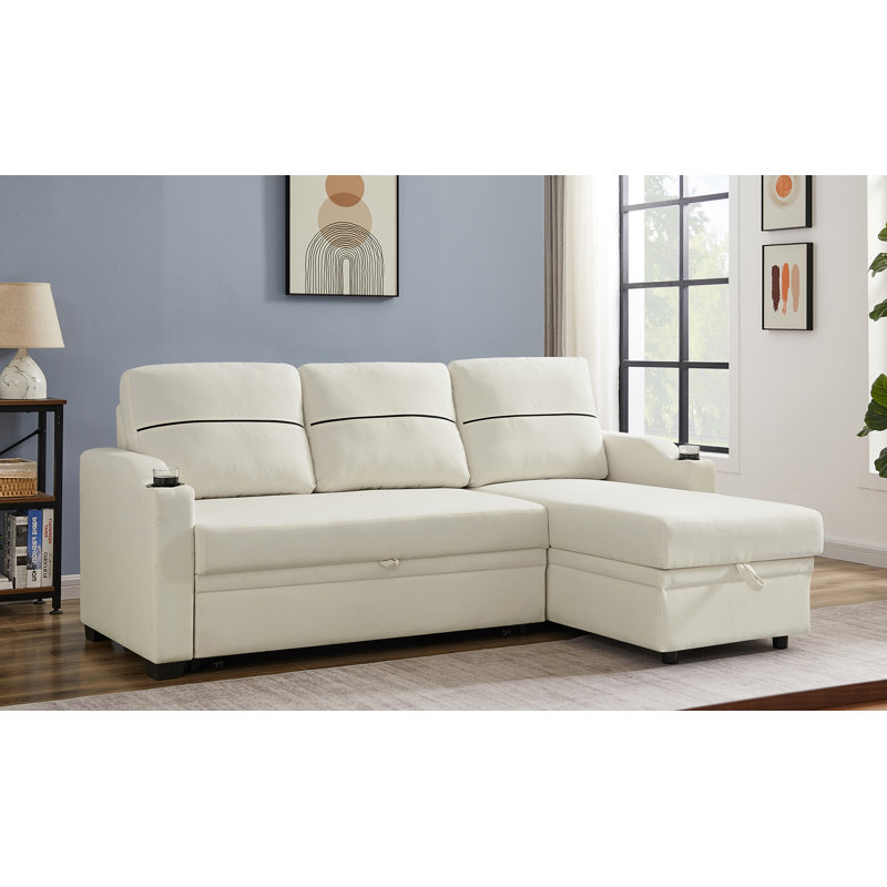 Upholstered L-Shaped Sectional Reversible, Beige Polyester