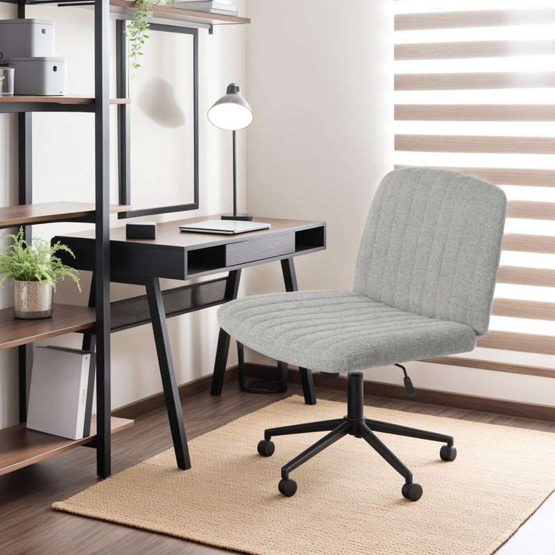 Wide Seat Cross Legged Office Chair,Armless Office Chairs with Wheels, Adjustable Height&Titlt Vanity Chairs Swivel Desk Chair,Ergonomic Mid Back Computer Chair for Bedroom Office (Grey)