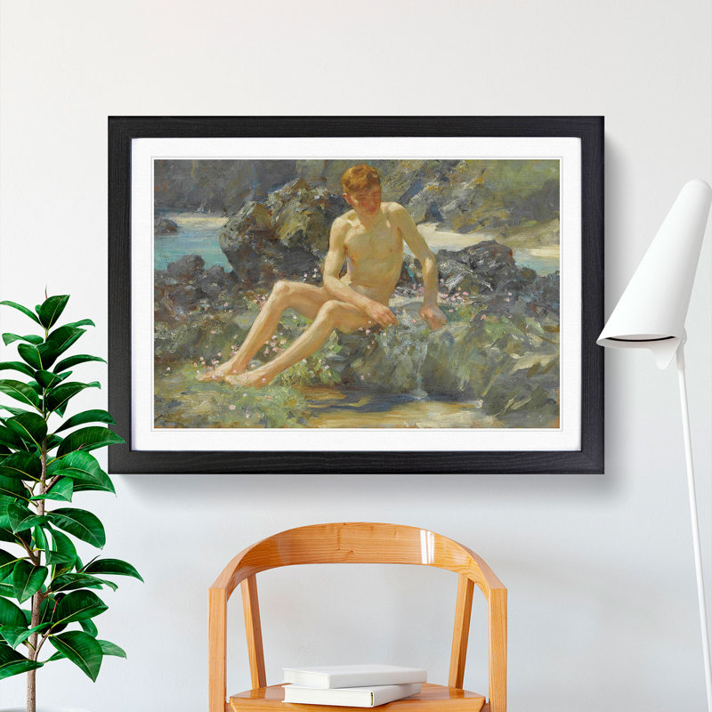 Nude Man on the Rocks by Henry Scott Tuke - Picture Frame Painting on MDF, 48cm H x 65cm W x 2cm D, Black Framed