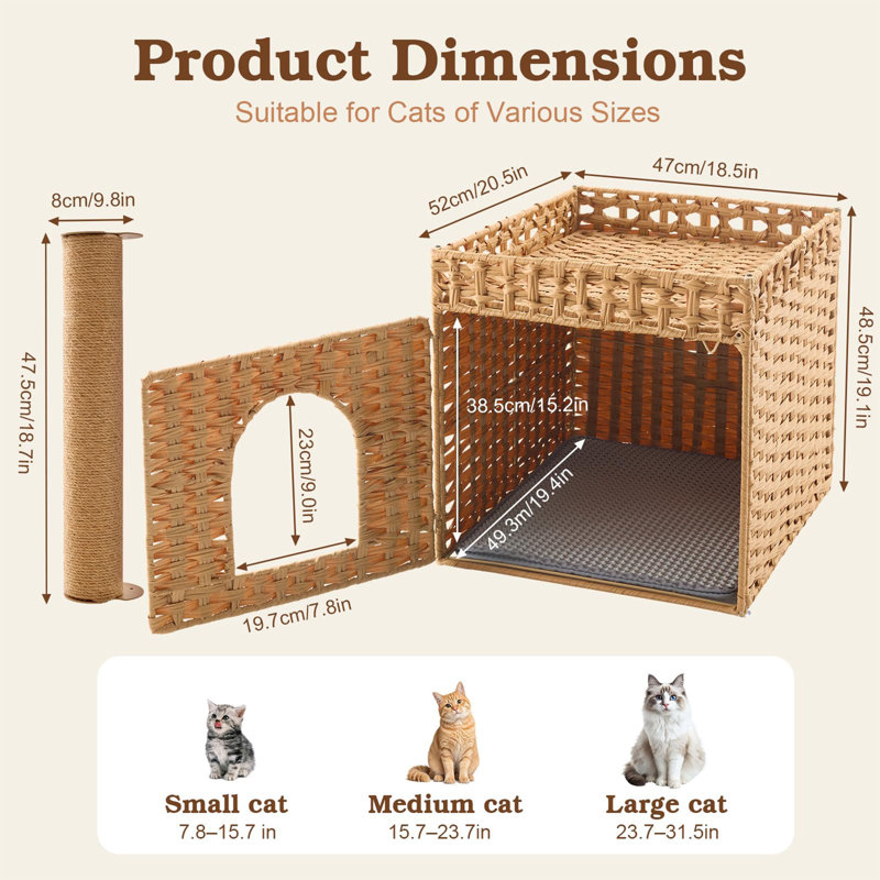 Enceinte de litière pour chat avec poteau à griffer, meuble de litière en rotin caché à la main avec tapis de litière