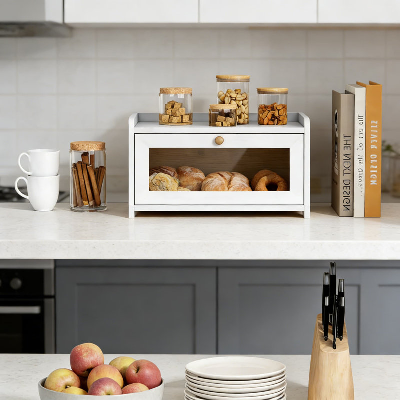 Boîte à pain moderne en bambou pour comptoir de cuisine, grand contenant à pain avec ventilation pour garder le pain frais, fenêtre transparente et porte magnétique pour un accès facile
