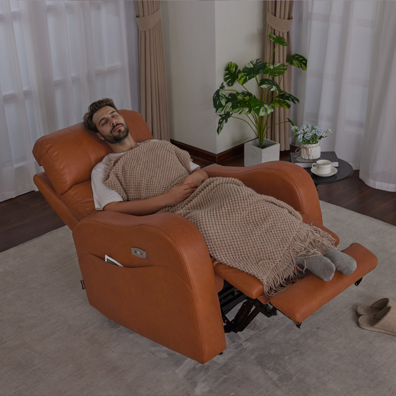 Triple Motor Rocker Power Recliner with Power Headrest & Extended Footrest, Infinite Position, Faux Leather, Orange