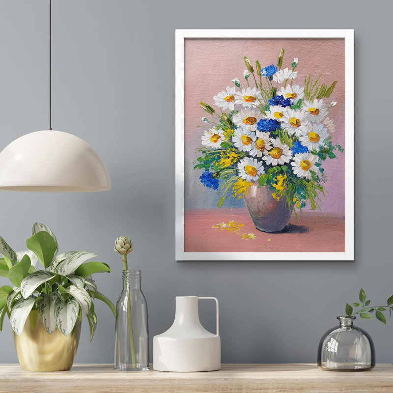 «White Gerbera Daisies & Wildflowers», art mural, impressions botaniques florales, œuvre d'art encadrée sur papier, Blanc