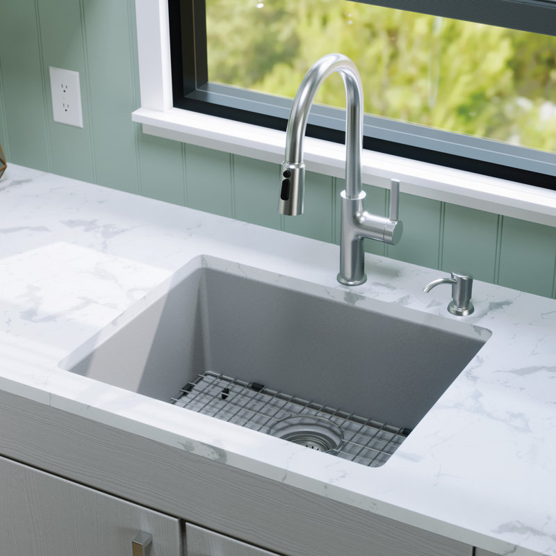 Karran Quartz 24-3/8'' X 19-1/8'' Single Bowl Undermount Kitchen Sink Kit, Gray