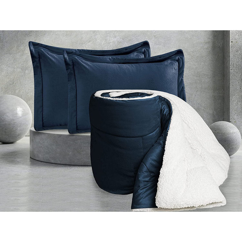 Mocassi Solid Sherpa Geometric Shapes Comforter, Navy, King Comforter + 2 King Shams