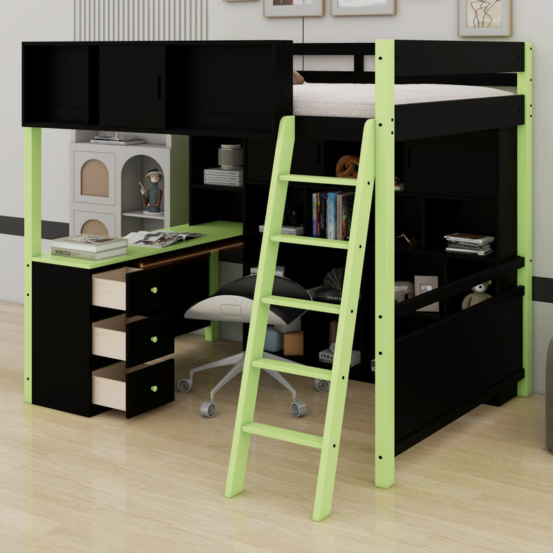 Wood Loft Bed With Desk, Ample Storage Space And Light, Green