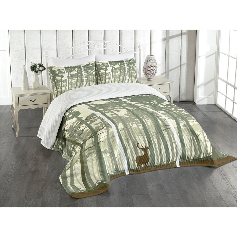 King White Quilted Bedspread Set with Forest Design