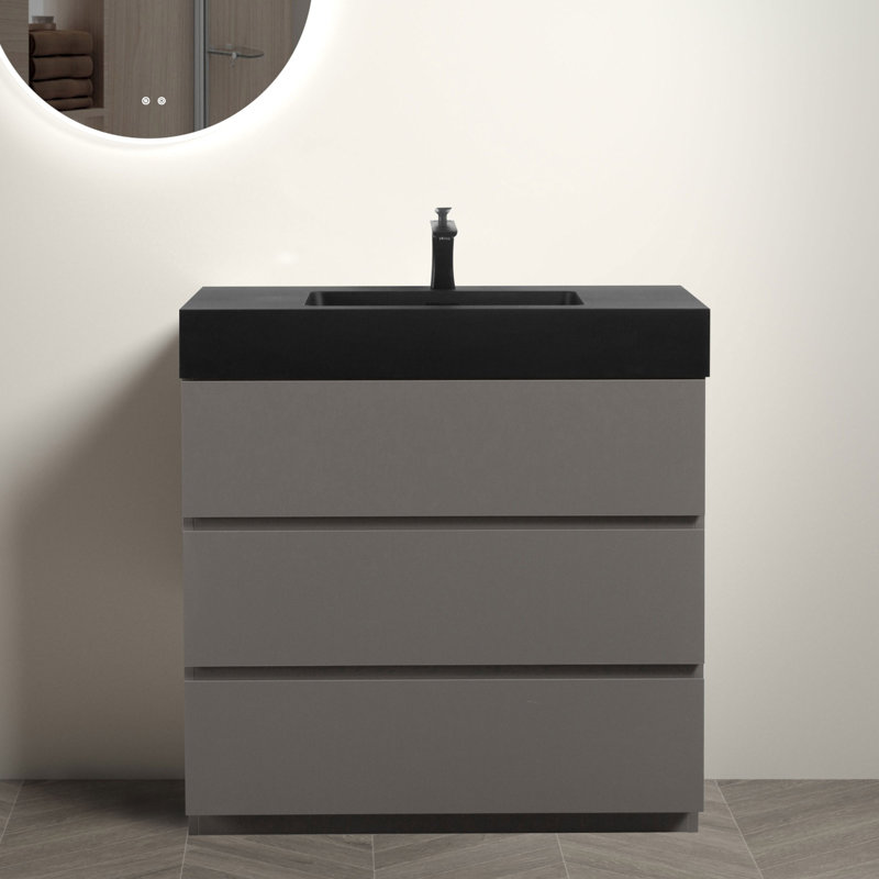 Grand meuble-lavabo autoportant pour salle de bain moderne, Gris, Noir, noir, noir, noir
