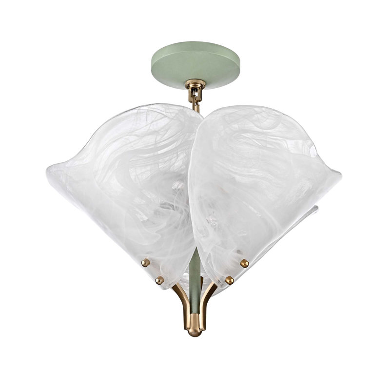 Suspension Florenza à 2 lumières de 40,6 cm (16 pouces) en laiton satiné/sauge avec verre vaporeux effet nuage.