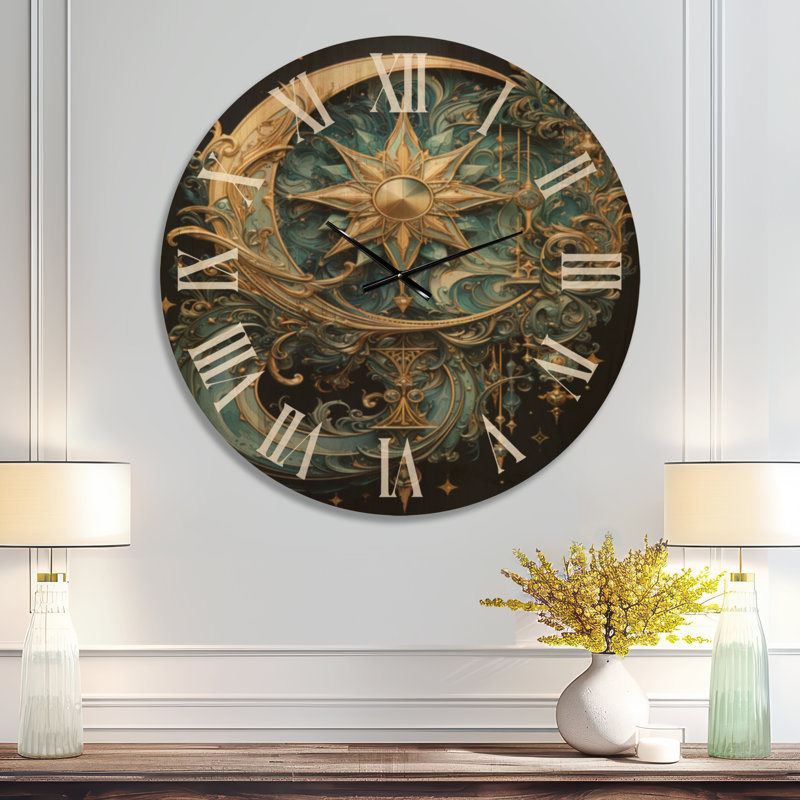 Horloge murale surdimensionnée en bois Symbols Crescent Moon and Stars, Oversized