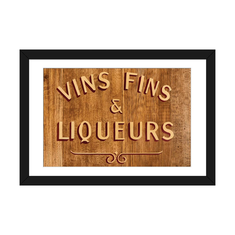 Vins Fins and Liqueurs, art textuel sur toile tendue, H 16 po x l 24 po x P 1 po, Papier d'art encadré noir, Blanc