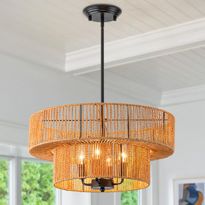 Luminaire suspendu en rotin avec abat-jour tambour à 2 niveaux pour éclairage d'îlot de cuisine, luminaire suspendu de style campagnard pour salle à manger, salon, chambre à coucher