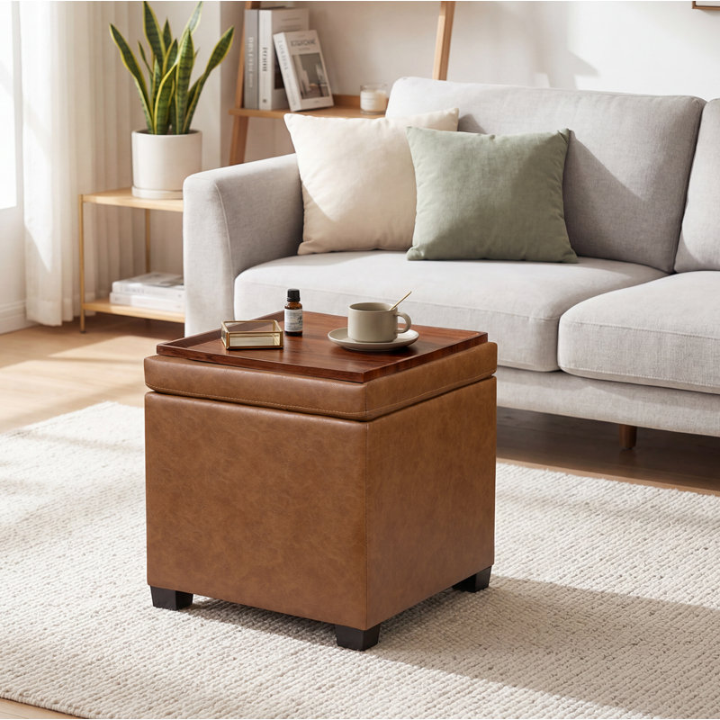 15.3" Square Faux Leather Storage Ottoman, Brown