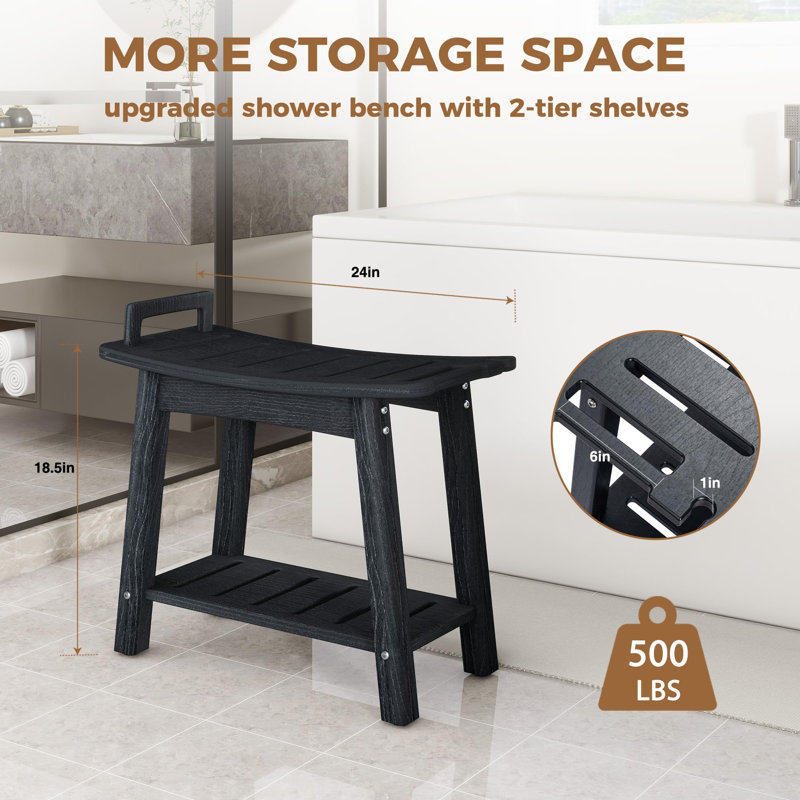 Grand banc de douche pour l'intérieur avec pieds de rasage, siège de chaise de douche en PEHD imperméable avec tablette de rangement et poignées, noir