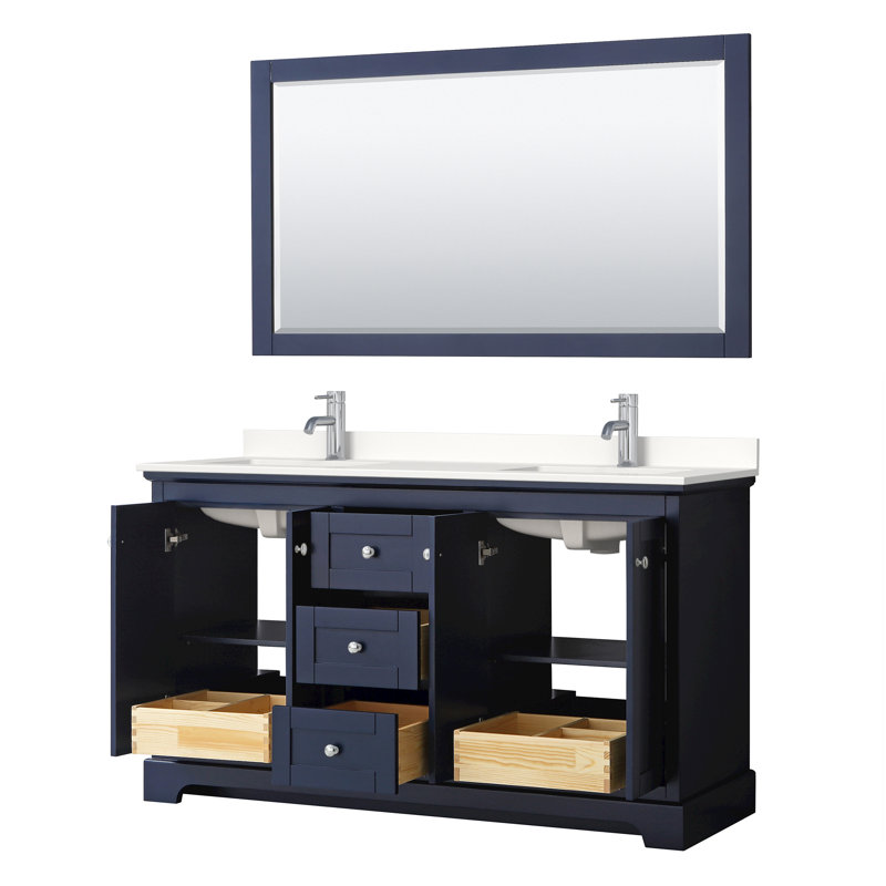 Meuble-lavabo double autoportant 60 po avec plateau en quartz et miroir Avery, Quartz blanc, Bleu très foncé, Chrome poli