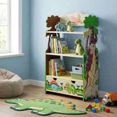 Teamson Kids Dinosaur Kingdom 3-Tier Wooden Bookshelf with Storage Drawer for Playrooms & Bedrooms