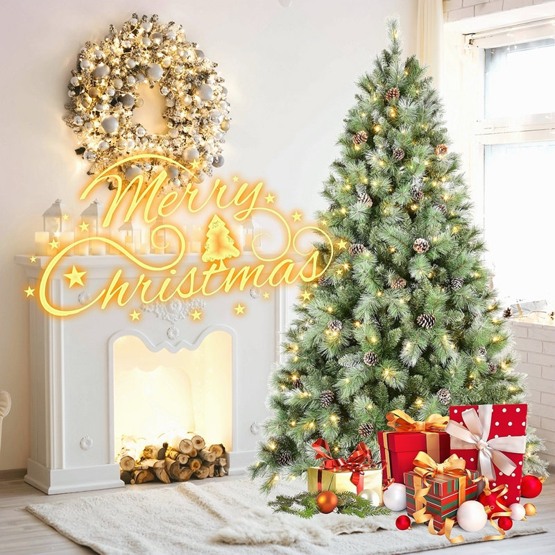 Arbre de Noël 8 pi avec 550 lumières DEL blanc chaud - 1858 pointes en PVC et aiguilles dures, 102 pommes de pin, conception à branches articulées, support en métal robuste - arbre de Noël réaliste