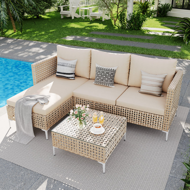 Outdoor 3-Piece Courtyard Furniture Set (Yellow/Beige) Handmade Rattan, Suitable For Lawns, Backyards And Gardens