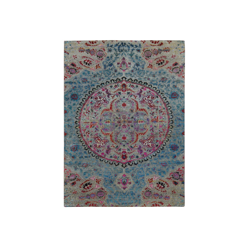 8'x10' Grey Silk and Wool Colourful Maharaja Design Hand Knotted Rug G87707