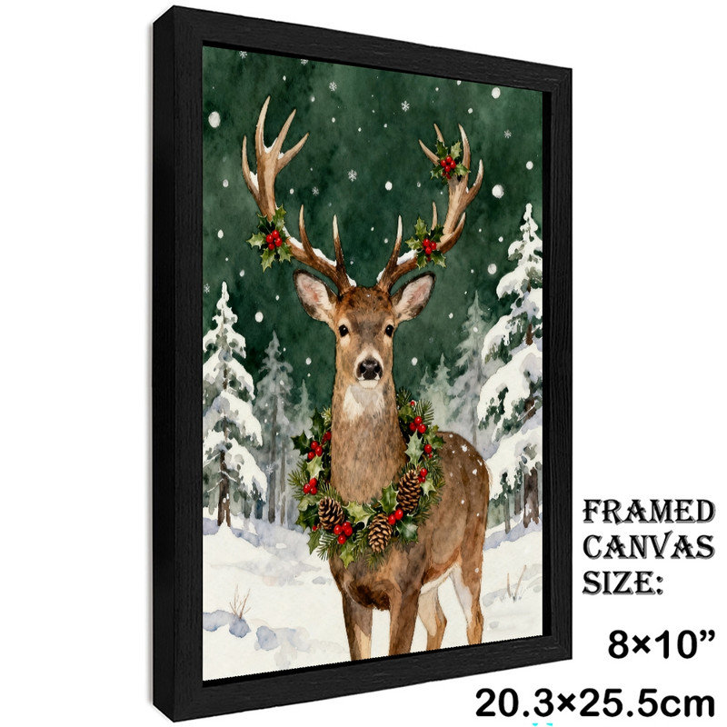 Aquarelle encadrée noire, cerf de Noël avec couronne de houx, reproduction d'art encadrée de style forêt enneigée