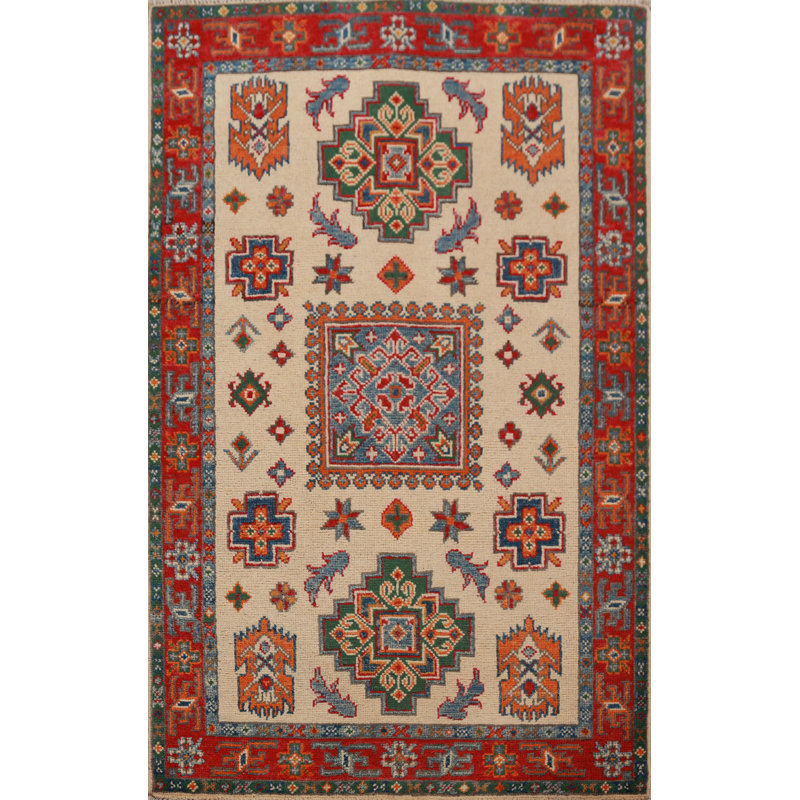 Tapis géométrique Kazak fait à la main 3 x 4