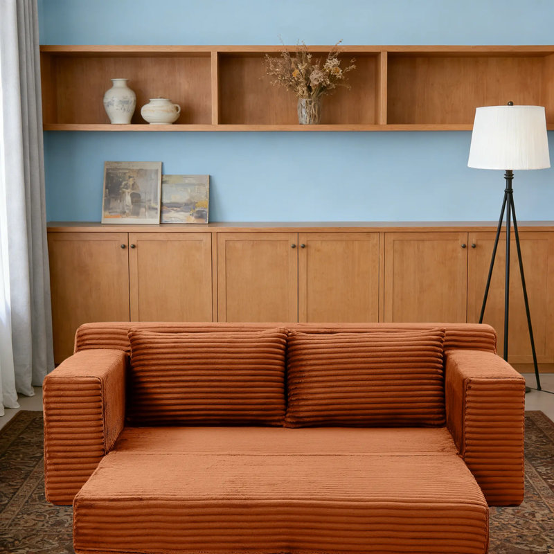 Canapé-lit de 73 po en velours côtelé orange, mousse mémoire, sans assemblage, Orange