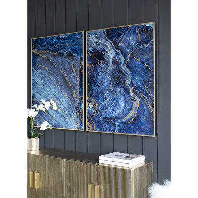 2 impressions encadrées bleues et dorées, 30,5 x 40, motif marbré fascinant, matériaux pour la présentation de panneaux avec cadre, 30,5 po x 40 po, pour toute occasion
