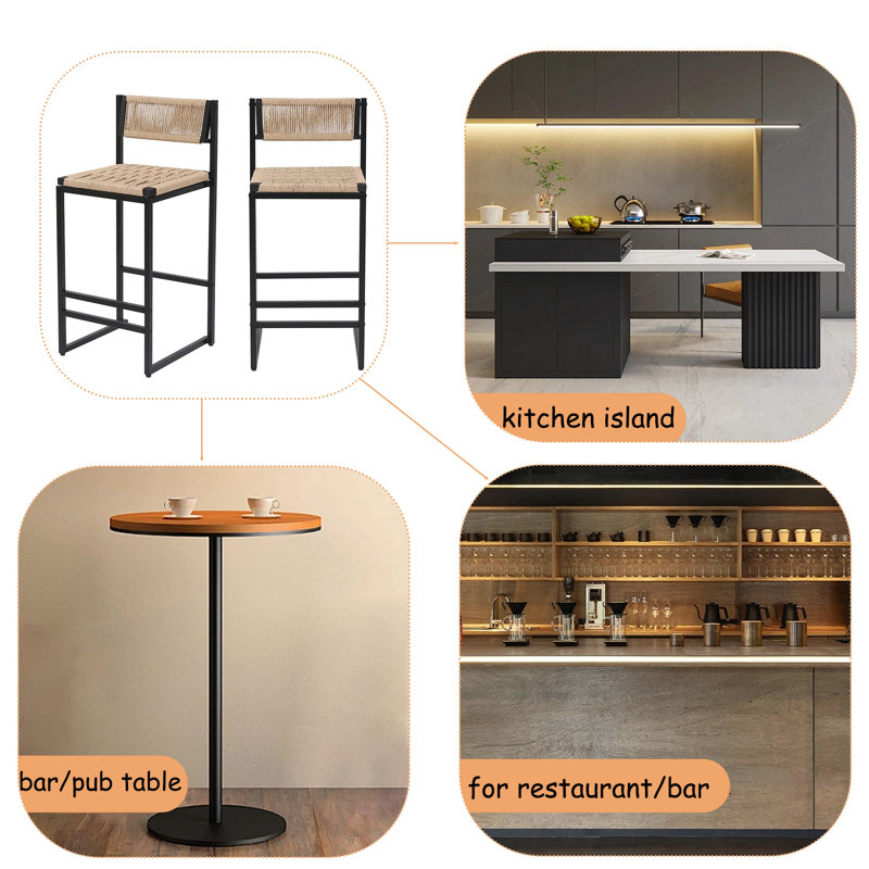 Tabourets de bar de cuisine avec repose-pieds, ensemble de 2 chaises de salle à manger en corde de papier tressée, tabouret de bar hauteur comptoir (Style B et Miel)