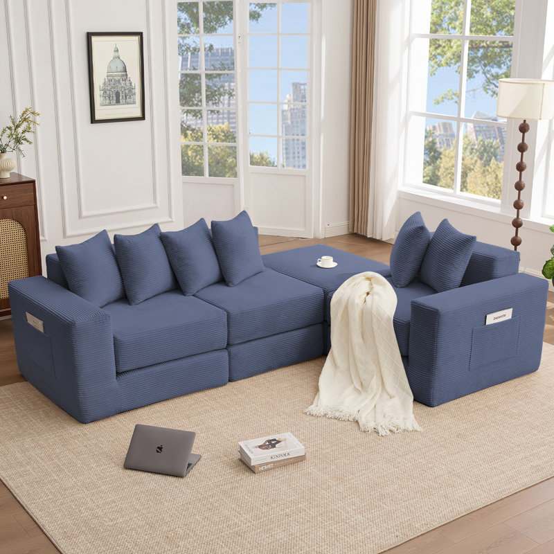Canapé modulaire convertible 10-en-1, canapé d'angle, canapé-lit convertible au sol, velours côtelé, poche latérale, sans assemblage, bricolage, canapé modulaire en forme de L, 6 coussins, bleu