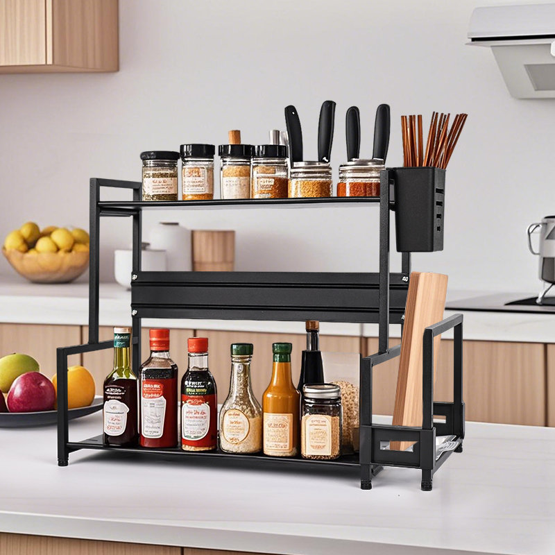 Étagère à épices, étagère à épices, étagère à épices noire à 2 niveaux, étagère à épices de cuisine, pour armoires, garde-manger, salles de bain, chambres à coucher, stations de café