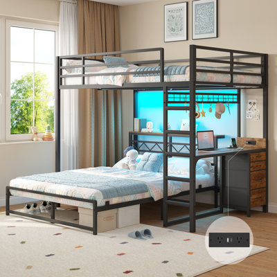 Full Over Full Bunk Bed With Desk And 4 Storage Drawers, L-shaped Metal Bunk Bed Frame With Led Lights, Charging Station, Storage Headboard, Full Size Bunk Beds With Safety Guardrail And Ladder, Black