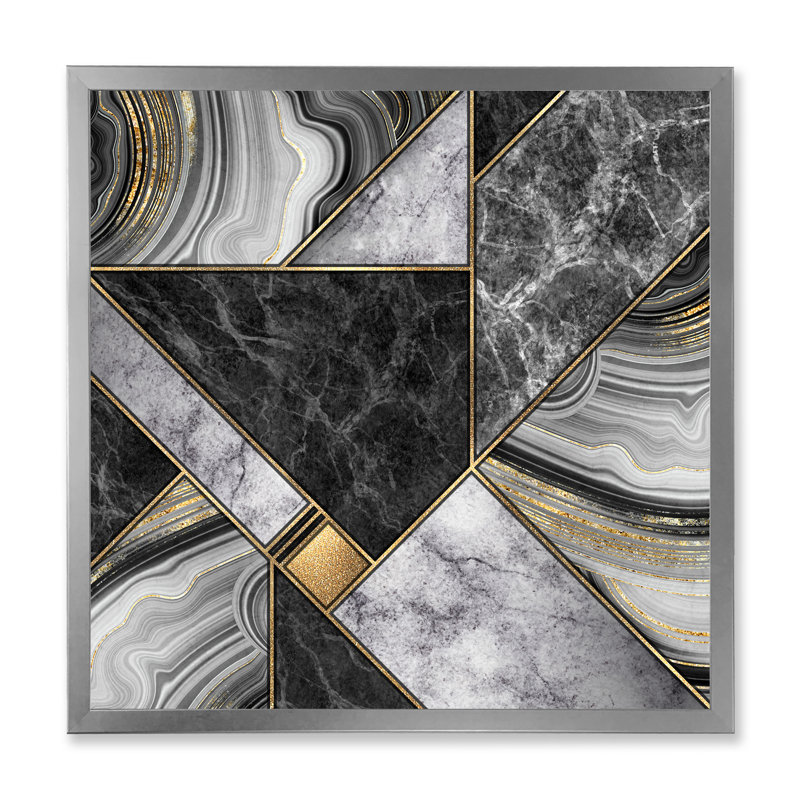 Marate granite agate avec touches dorées - impression sur toile, H 30 po x l 30 po x P 1 po, Encadrement argenté