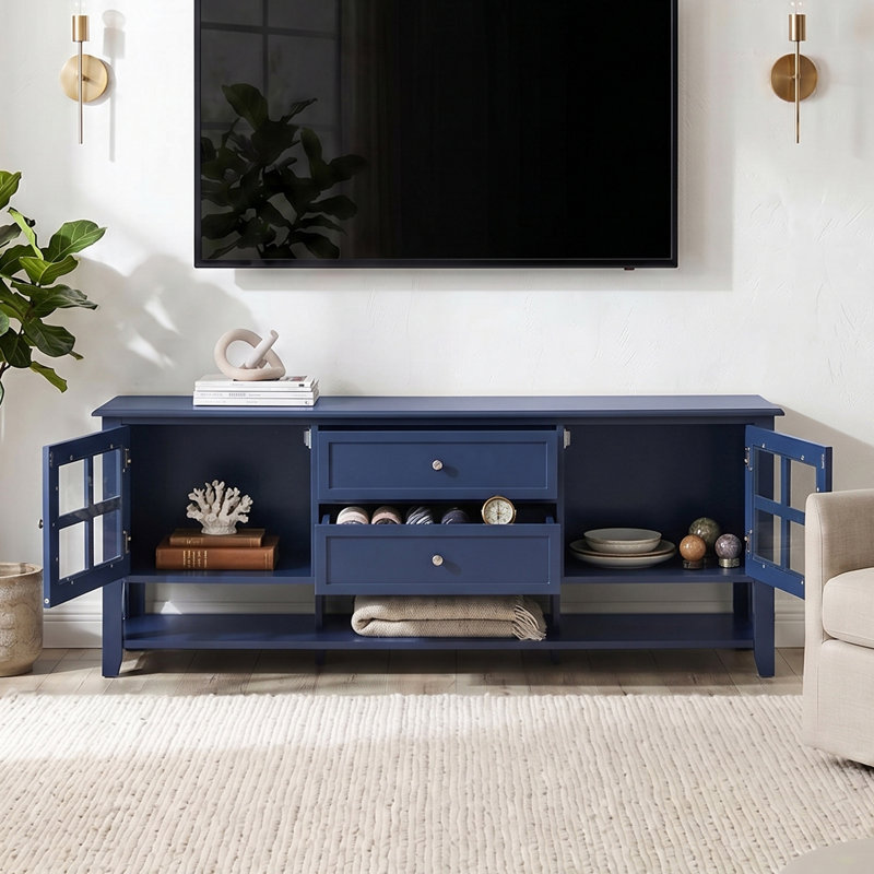 Meuble télé de conception moderne pour téléviseur de 60 po ou moins, meuble télé avec espace de rangement multifonctionnel, procédé antirouille amélioré et conception silencieuse, console multimédia pour le salon, facile à assembler