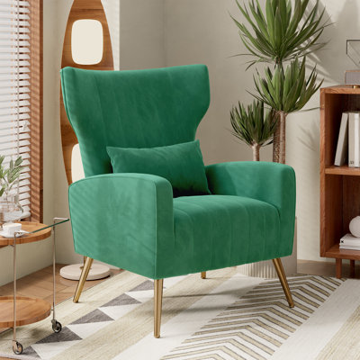 Modern Velvet Accent Chair With Wingback Design Gold Metal Legs And Pillow – Elegant Lounge Chair For Living Room & Bedroom