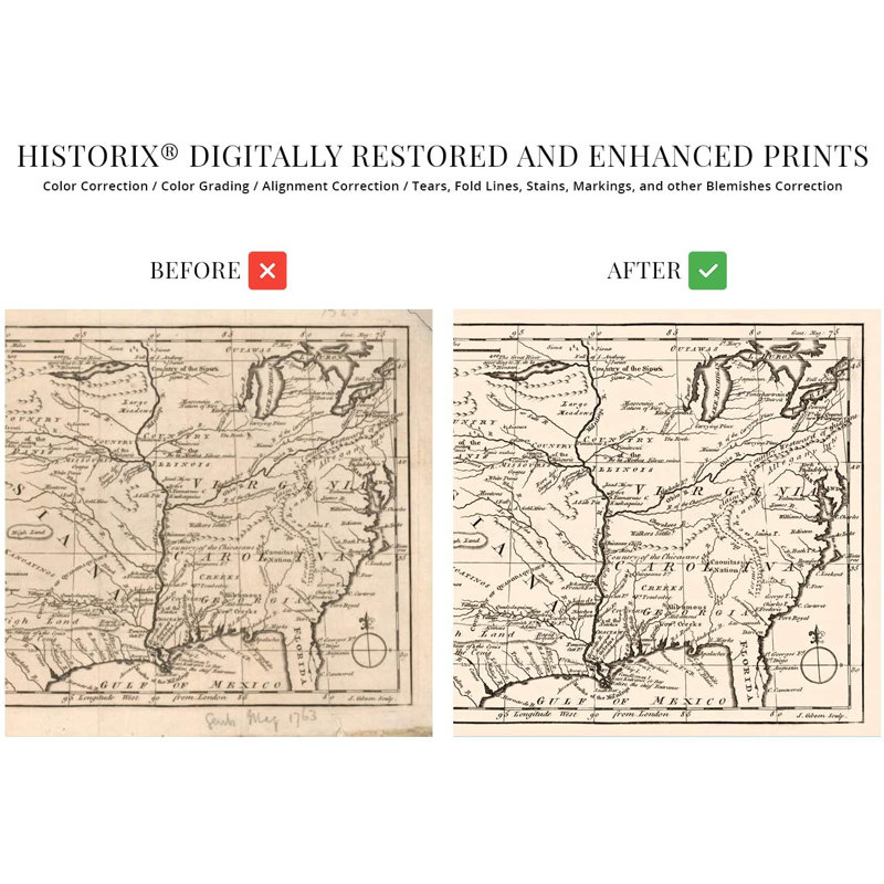 Vintage 1763 Colonial America Map - impression d'art graphique sur papier, H 24 po x l 36 po x P 0,1 po
