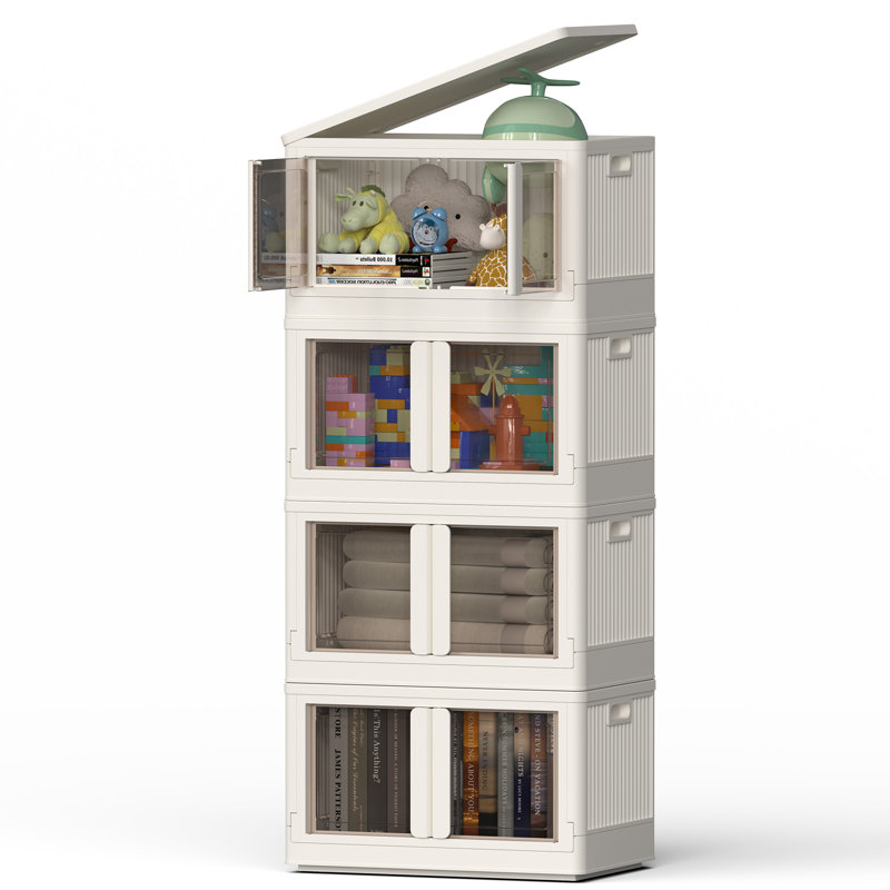 Stackable Collapsible Plastic Storage Bins with Lids,304 QT Closet Organizers with Doors, 25''L x 15.5''W x 56''H, White