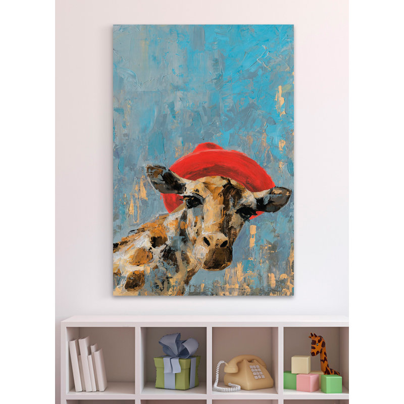 Giraffe's Red Hat - Wrapped Canvas Painting, 45" H x 30" W x 1.5" D