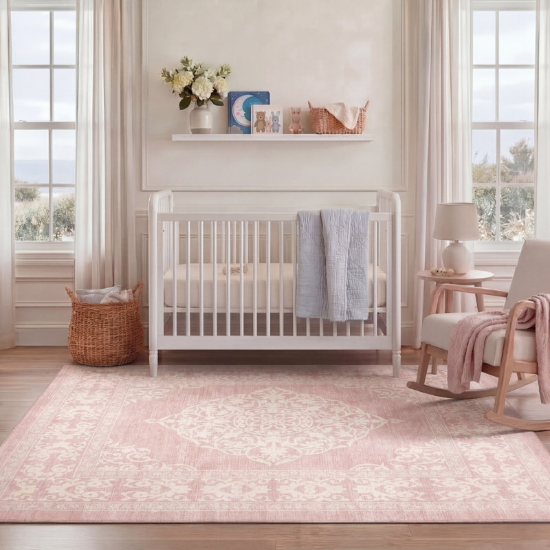Wyatt & Ash Finley Machine Washable Rug, Pink/Cream, 7'8" x 10'