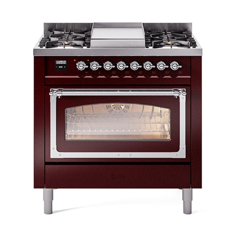 ILVE Nostalgie II Noblesse 36 in Dual Fuel Range, Liquid Propane, Burgundy/Chrome
