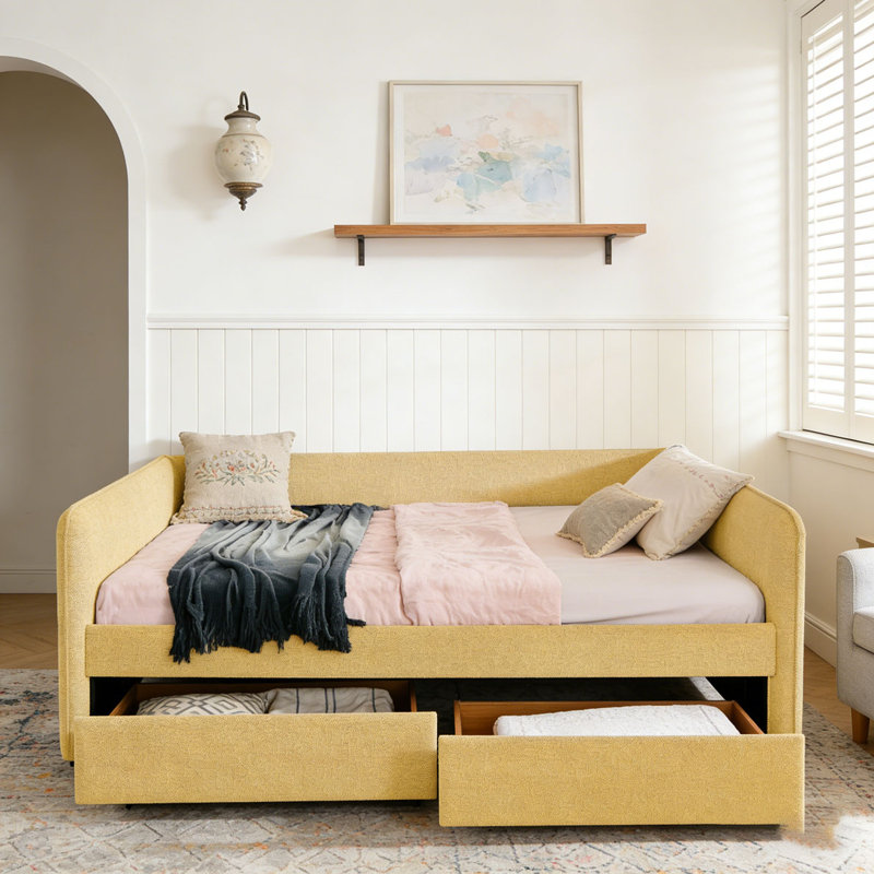 Boucle Fabric Daybed, Queen, Yellow-2 Drawers