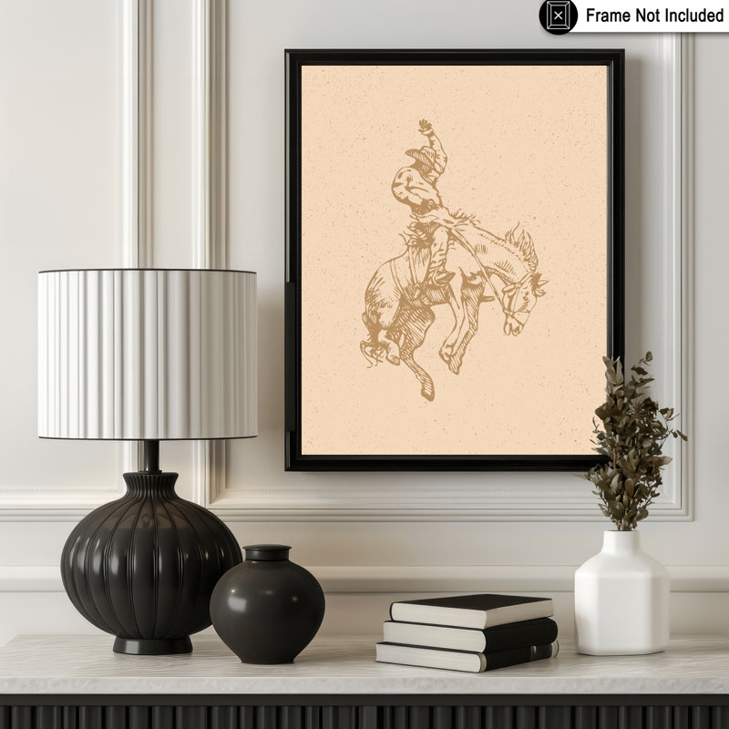 Beige cowboy à cheval, Canvas, 18"H x 24"W, Brown Framed