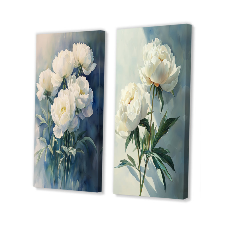 Pivoines aqua et ombres géométriques I - collection d'art mural floral 2 panneaux, H 28 po x l 25 po, Toile tendue