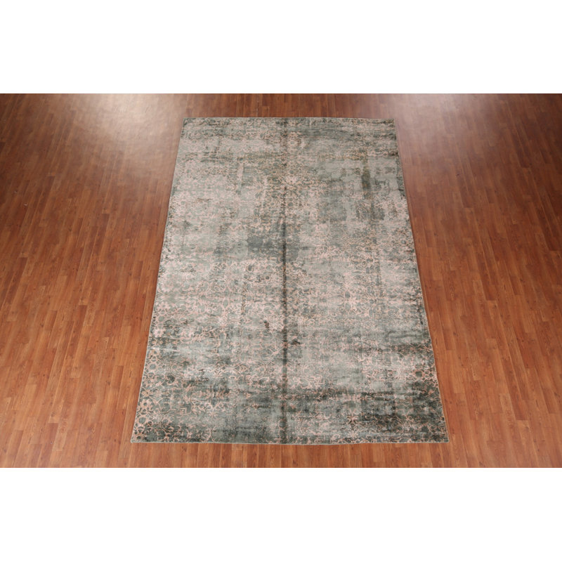 Tapis vert abstrait fait à la main 8 x 11 po