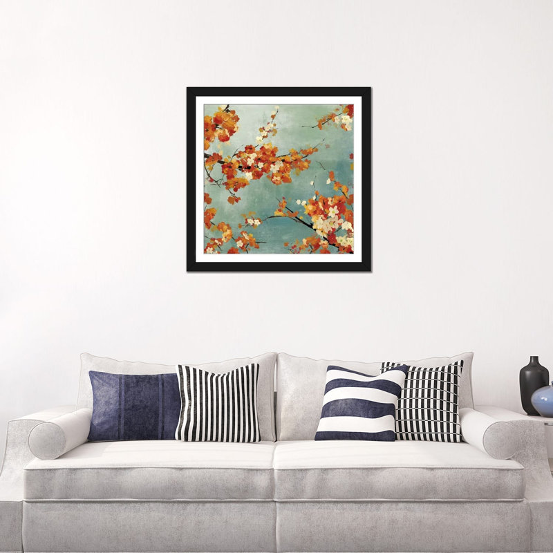 « orange fleurs ii », reproduction sur toile, H 16 po x l 16 po x P 1 po, Papier d'art encadré noir, Blanc