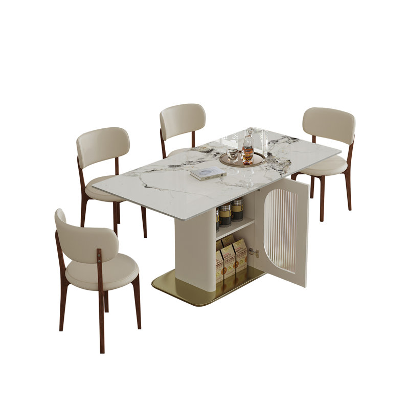 Ensemble de table de salle à manger 63 "moderne pour 4 à 6 personnes avec rangement, plateau en pierre brûlée et base en bois massif, comprenant 4 chaises en polyuréthane blanc pour la cuisine, appartement