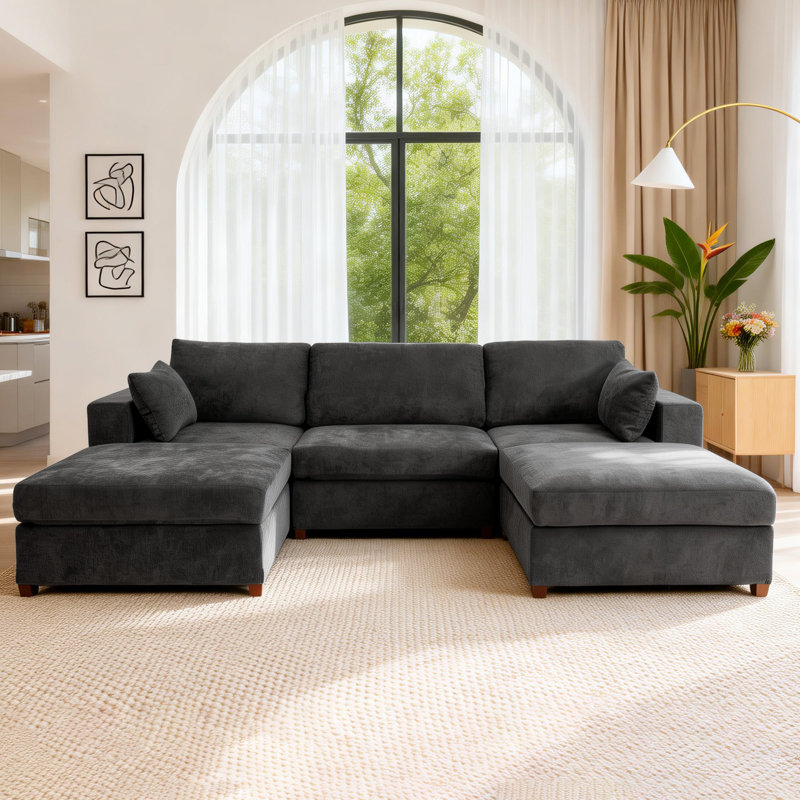 Canapé d'angle rembourré avec 2 repose-pieds, Lin gris, H 26 po x l 113,3 po x P 37,8 po