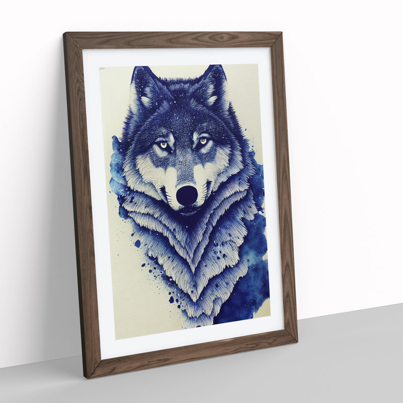 Winter Wolf Art No.2 - Wall Art, 48cm H x 36cm W, Walnut Framed Paper, White