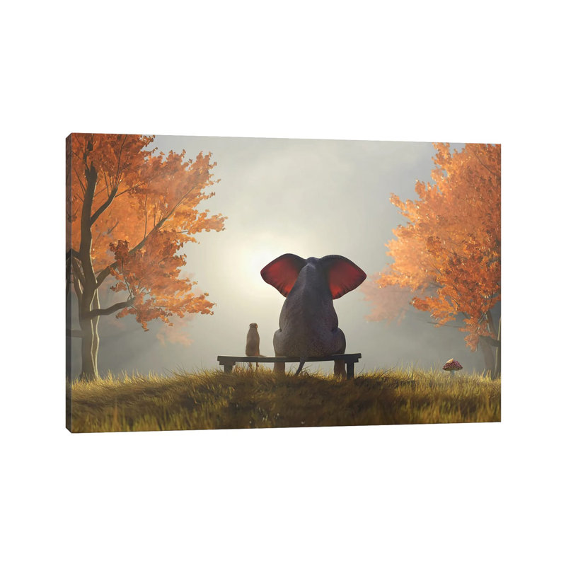 Elephant And Dog Sit In The Autumn Garden II by Mike Kiev - Print on Canvas, Wrapped Canvas, 20.32 cm H x 30.48 cm W
