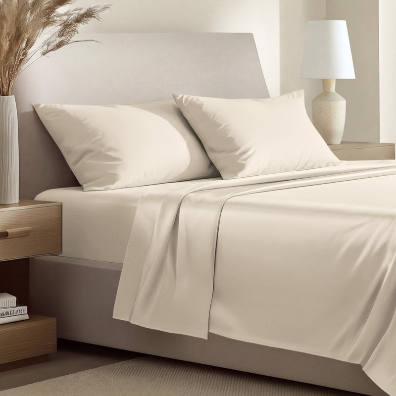 400 Thread Count Sateen Sheet Set, Twin Extra Long Sheet Set with 1 Pillowcase, Sand