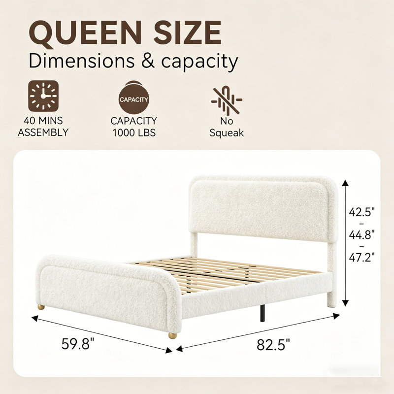 Queen Size Boucle Bed Frame, Cloud Upholstered Platform Bed with Height Adjustable Headboard & Soft Rounded Corners, No Box Spring Needed, Noise Free, Easy Assembly